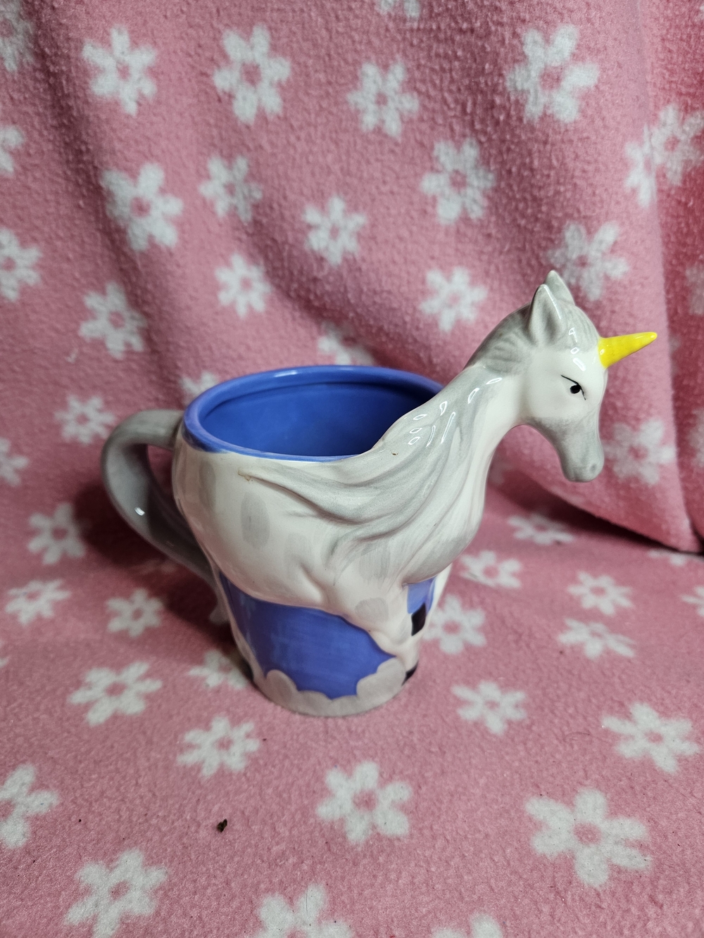 Hand-Painted Blue and White Unicorn Ceramic Mug with Yellow Horn
